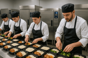 Fotografía de cocineros profesionales preparando las raciones para servirlas